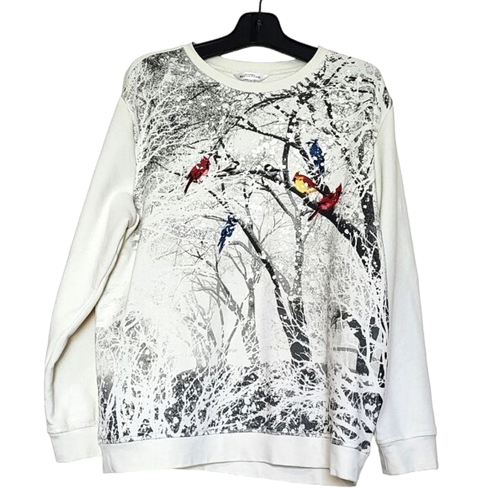 NORTHERN REFLECTIONS Birds Winter Scene Sparkly Snow Cream Sweatshirt Size Large